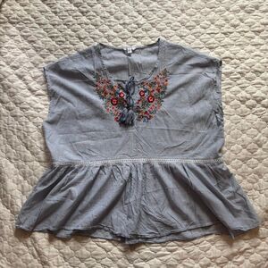 Sonoma Goods for Life Blue Striped Floral Embroidered Sleeveless Top in Size XL